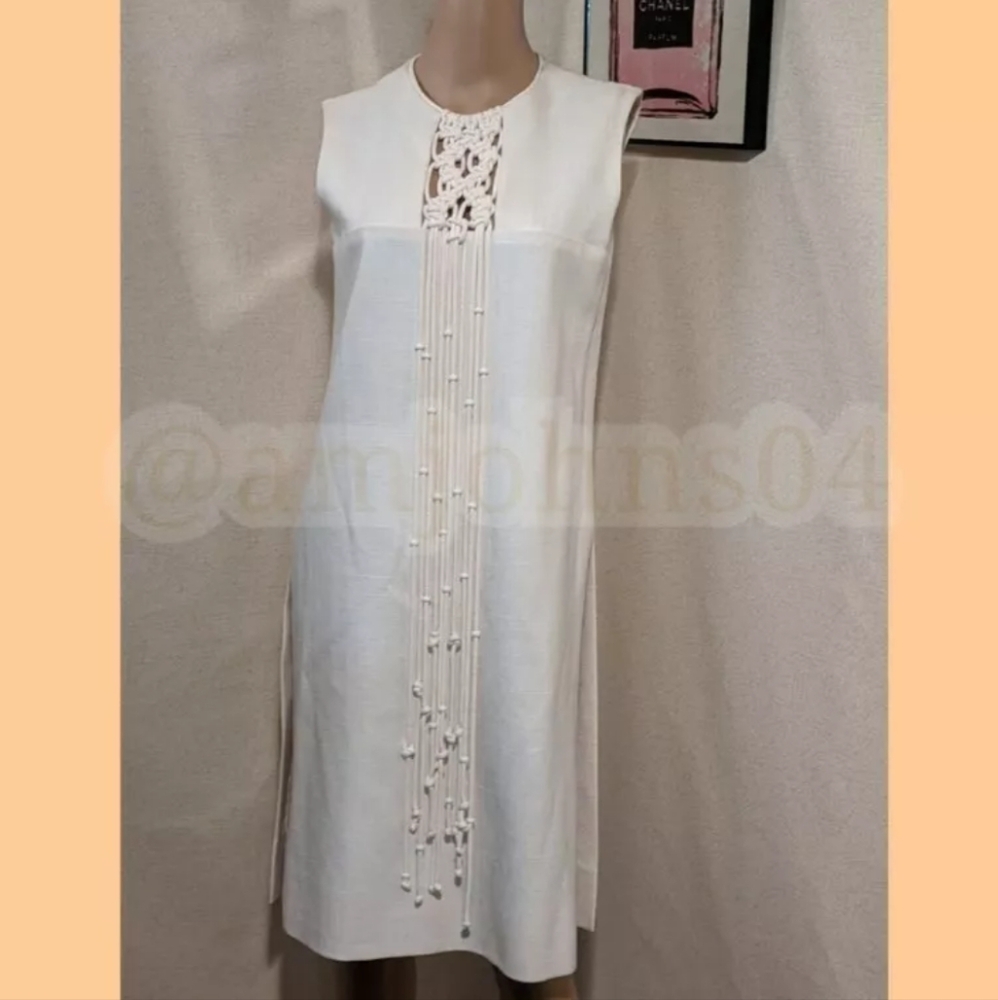 BH Wragge Vtg Midi Shift Rope Fringe Macrame Beaded Off White Midi Dress - Picture 10 of 15